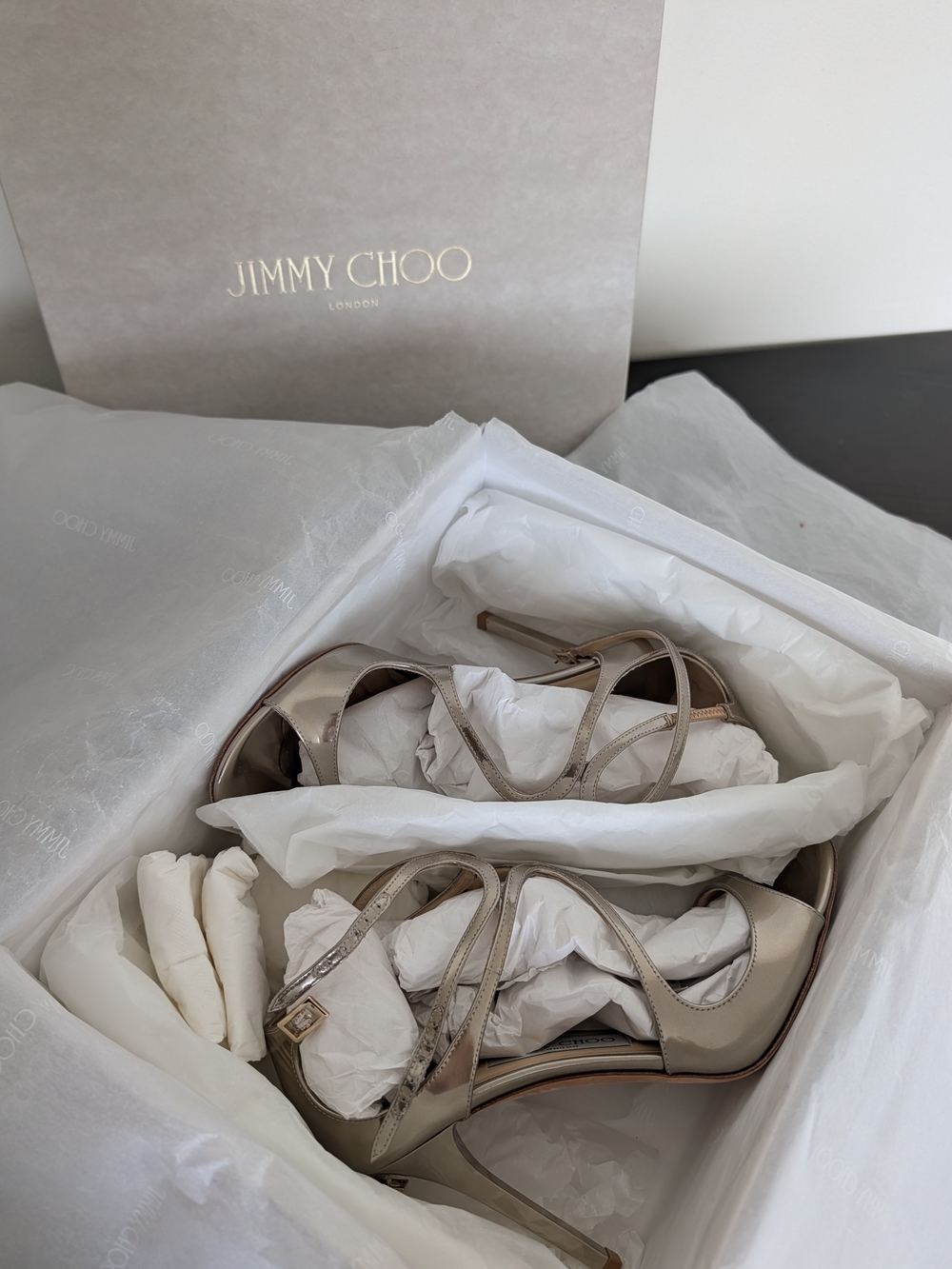 Jimmy Choo Women's Metallic Champagne Lang 100mm Strappy Sandals 38.5